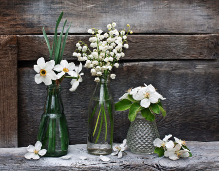 White flowers in green vintage bud vases
