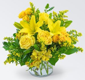 This cheery arrangement spreads joy and a sense of well-being. Wild Canary features roses, alstroemeria, Asiatic lilies, and solidago surrounded by a variety of foliage. This bright bouquet will add a touch of happiness to any home or office. We want you to have the best so we may sub products of equal or greater value is a product is unavailable. Please understand substitutions may be made. If you have questions about this please call our shop directly,